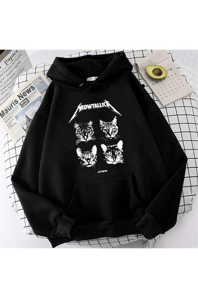 Touz Φούτερ LAGOM FASHION Meowtallica με εμπριμέ μαύρο Unisex Oversize με κουκούλα