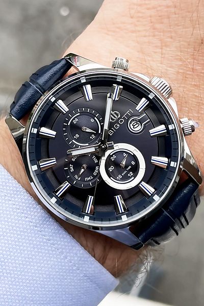 Bigotti Original Real Leather Men's Wristwatch 5 ATM Waterproof Navy Blue Color + Bracelet BME2007C2