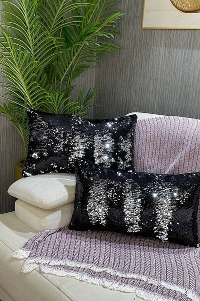 Paris Life Rectangular Sequined Throw Pillow Cover - Black&Silver (Reversible)