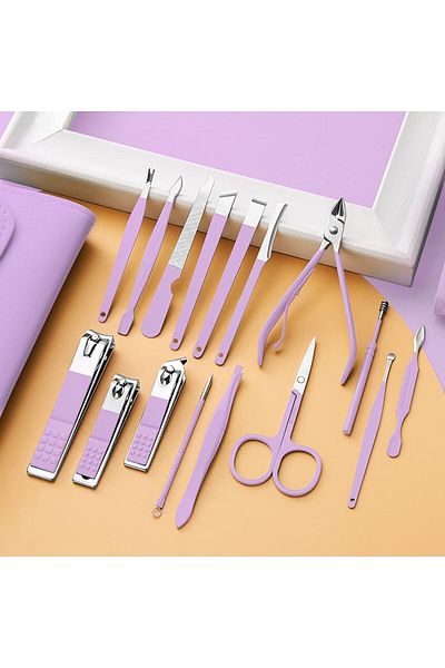 DUHALINE 16 Pieces Professional Manicure Pedicure Nail Facial Care Set with Stainless Steel Leather Bag - Purple
