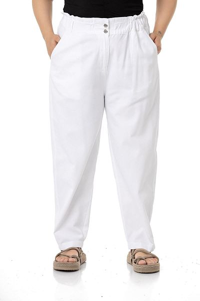 DISENTIS MODEST Plus Size High Waisted Gabardine White Trousers with Ruffle Detail on the Waist
