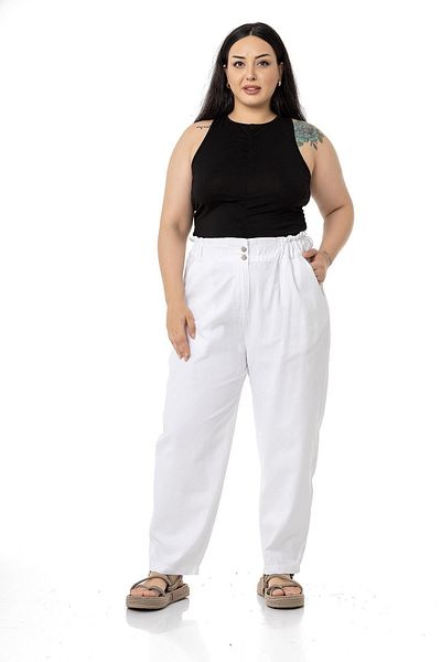 DISENTIS MODEST Plus Size High Waisted Gabardine White Trousers with Ruffle Detail on the Waist