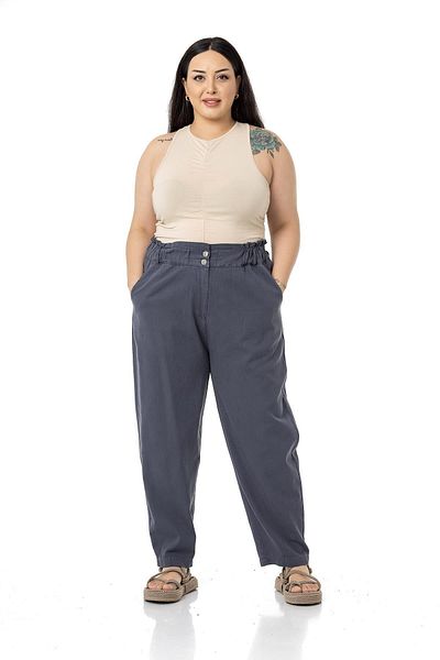 DISENTIS MODEST Plus Size High Waisted Gabardine Anthracite Trousers with Ruffle Detail on the Waist