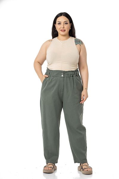 DISENTIS MODEST Large Size High Waisted Gabardine Khaki Trousers with Ruffle Detail on the Waist