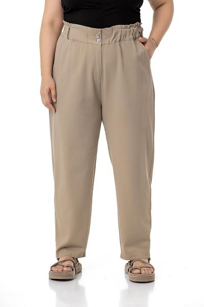 DISENTIS MODEST Plus Size High Waisted Gabardine Mink Trousers with Ruffle Detail on the Waist