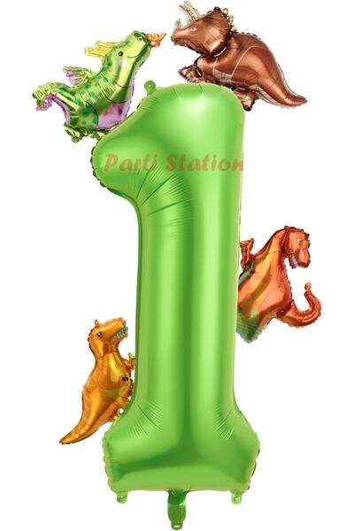 Parti Station Dinozor Konsept Yeşil Rakam 1 Yaş Balon Yeşil Renk Dinazor Yaş Balon Uçan Helyum Sayı Balon