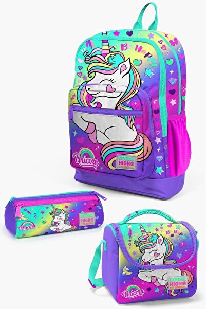 Coral High Kids Lavanta Su Yeşili Unicorn Desenli 3’lü Okul Çanta Seti SET012...