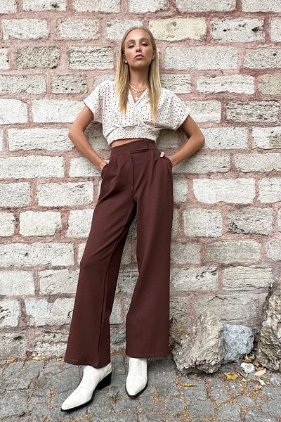 Trend Alaçatı Stili Palazzo-Hose für Damen mit hoher Taille und Klettverschluss – Doppeltaschen, plissiert, Braun ALC-X10753
