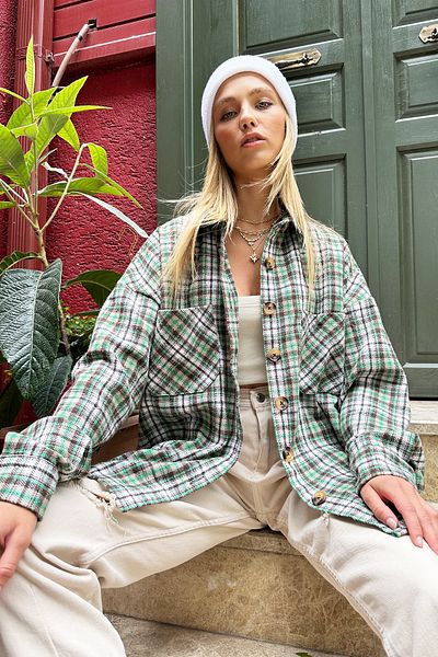 Trend Alaçatı Stili Women's Green Plaid Patterned Stamp Cotton Oversize Safari Jacket Shirt ALC-X10704
