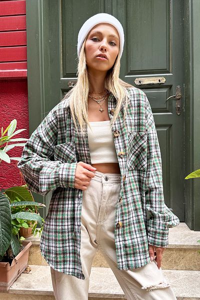 Trend Alaçatı Stili Women's Green Plaid Patterned Stamp Cotton Oversize Safari Jacket Shirt ALC-X10704