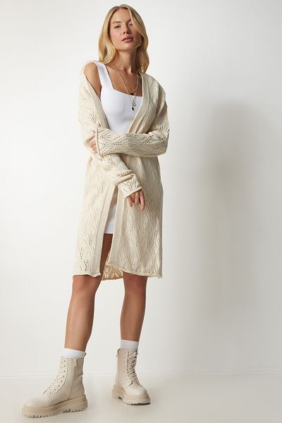 Happiness İstanbul Cremefarbene, lange Strickjacke mit Rundhalsausschnitt für Damen, MX00136