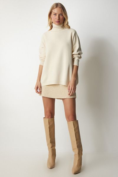 Happiness İstanbul Pulover oversize din tricot cu gât crem pentru femei MX00133