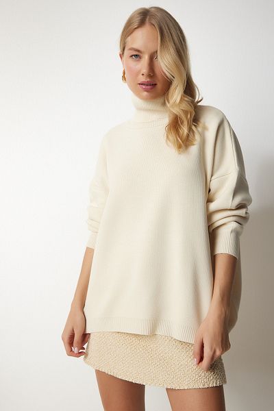 Happiness İstanbul Pulover oversize din tricot cu gât crem pentru femei MX00133