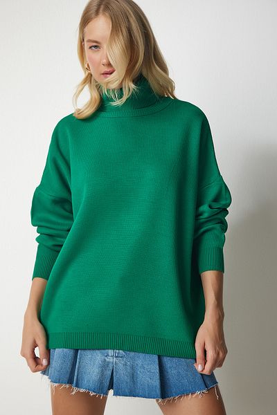 Happiness İstanbul Woman's Green Turtleneck Oversize Knitwear Sweater MX00133