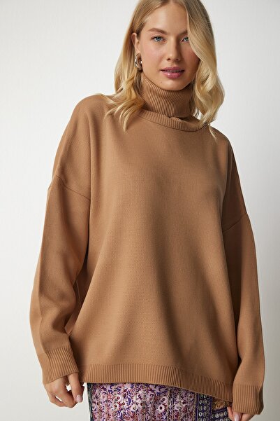 Happiness İstanbul Damen-Strickpullover mit Rollkragen und Übergröße in Keksform, MX00133