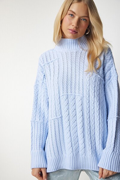 Happiness İstanbul Pulover tricot pentru femei, albastru deschis, cu guler ridicat, tricot MX00132