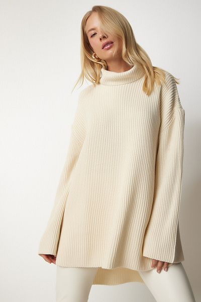 Happiness İstanbul Cremefarbener Rollkragenpullover in Übergröße für Damen, Strickpullover YY00164