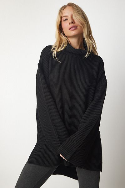 Happiness İstanbul Schwarzer Rollkragenpullover in Übergröße für Damen YY00164