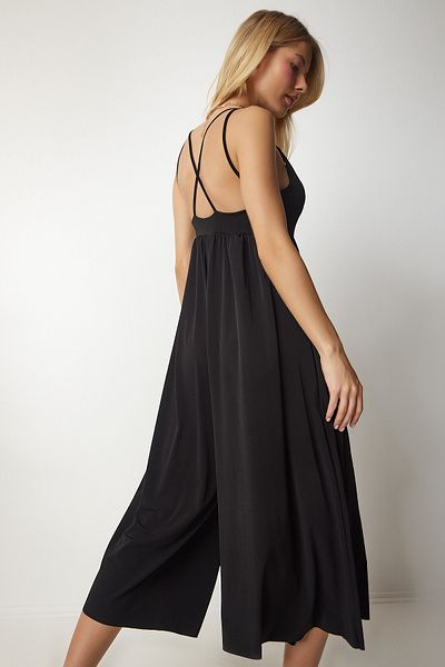 Happiness İstanbul Women's Black Strappy Back Detailed Flowing Sandy Jumpsuit TO00082