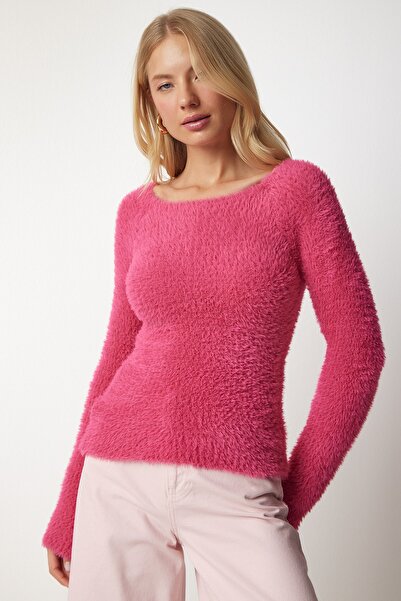 Happiness İstanbul Γυναικείο πλεκτό πουλόβερ φούξια με λαιμόκοψη με γένια NF00070