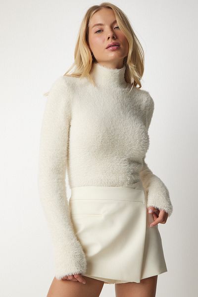 Happiness İstanbul Cremefarbener Rollkragen-Strickpullover mit Bärtchen für Damen NF00071