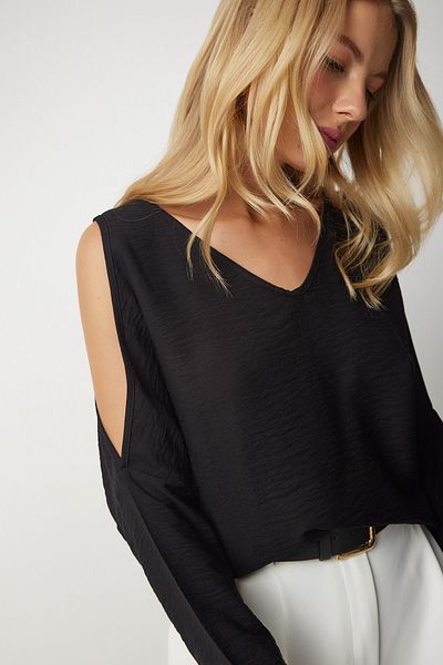 Happiness İstanbul Women's Black Off-the-Shoulder Flowy Ayrobin Blouse to00080