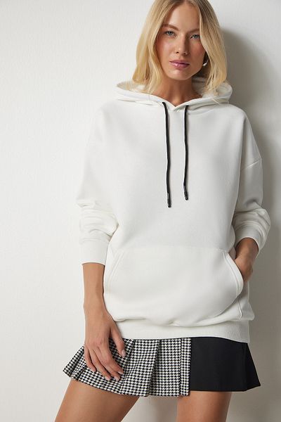 Happiness İstanbul Ecrufarbenes Strick-Sweatshirt mit Kapuze für Damen EW00001