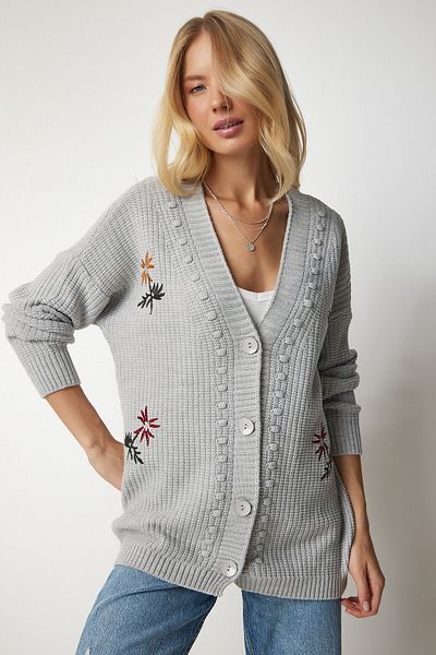 Happiness İstanbul Women's Gray Floral Embroidered Textured Knitwear Cardigan KG00002