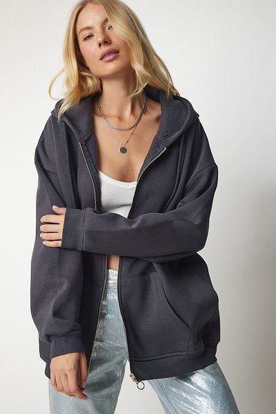 Happiness İstanbul Anthrazitfarbenes Oversize-Sweatshirt mit Kapuze und Reißverschluss für Damen UB00124