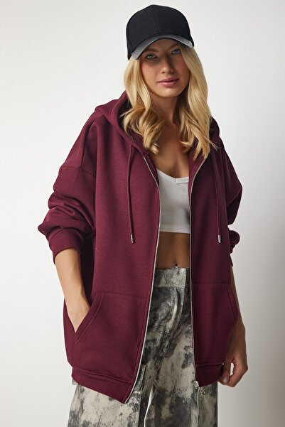 Happiness İstanbul Γυναικείο μπλουζάκι με φερμουάρ, μπορντό, υπερμεγέθη UB00124