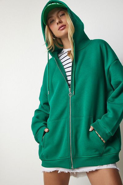 Happiness İstanbul Grünes Oversize-Sweatshirt mit Kapuze und Reißverschluss für Damen UB00124