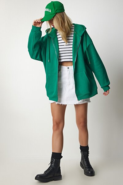 Happiness İstanbul Γυναικείο φούτερ με πράσινη κουκούλα με φερμουάρ UB00124