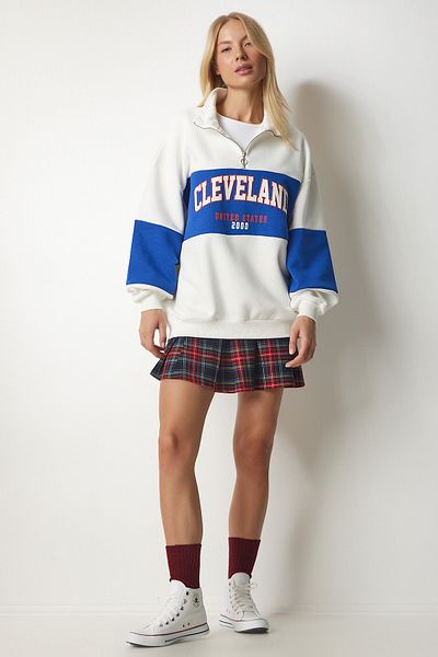 Happiness İstanbul Übergroßes Sweatshirt mit Farbblock-Print für Damen, weiß/blau, HF00439
