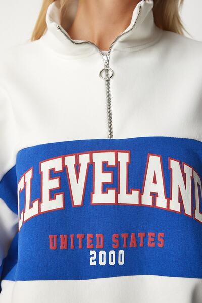 Happiness İstanbul Γυναικείο φούτερ με στάμπα σε λευκό μπλε χρώμα, υπερμεγέθη HF00439