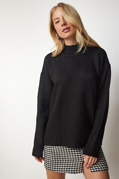 Happiness İstanbul Schwarzer Damenpullover mit Stehkragen und weicher Struktur, KI00095