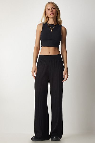 Happiness İstanbul Schwarze gerippte Strickhose für Damen Kİ00096
