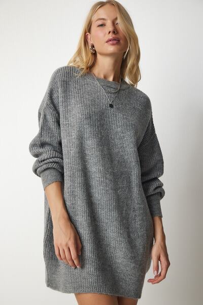 Happiness İstanbul Kadın Gri Oversize Uzun Basic Triko Kazak BV00099