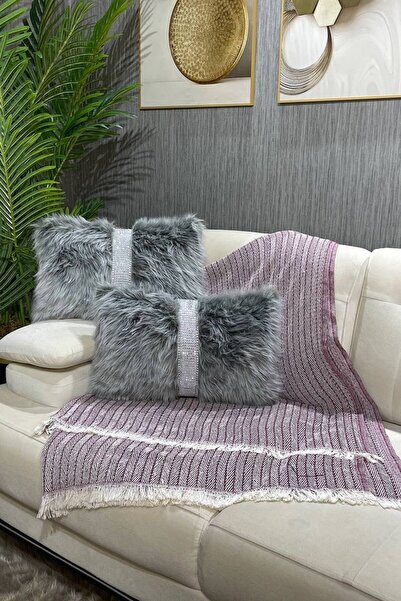 Paris Life غطاء وسادة قطيفة مخطط مستطيل - رمادي فاتح