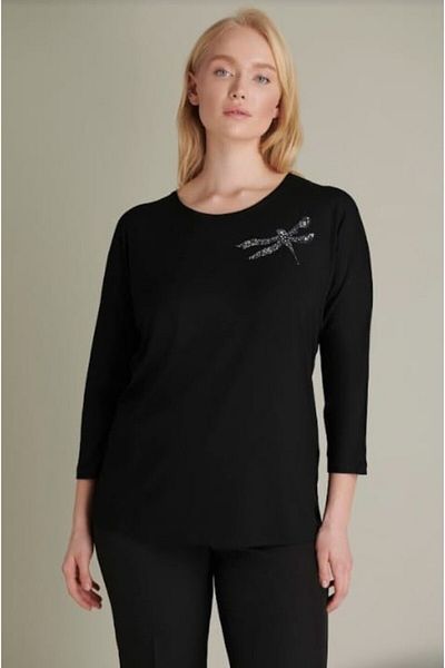 Nelly Dragonfly Stone Detailed Black Large Size Three-Quarter Sleeve Blouse