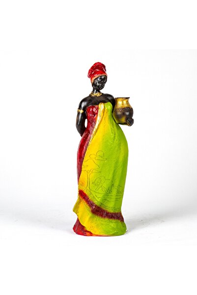 Herdekora Otantik Vazo Taşıyan Afrikalı Kadın Bordo-Yeşil 11x38x11 Cm.