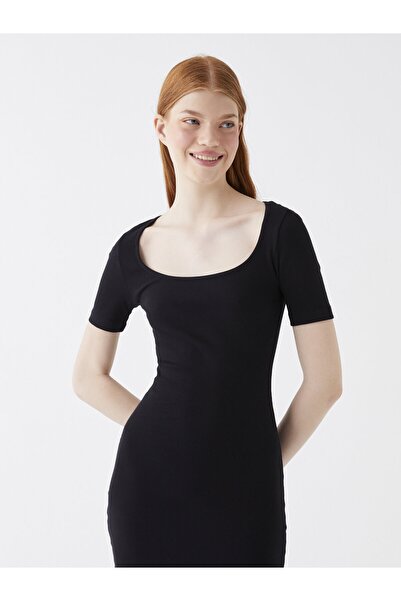 LC Waikiki Women's Dress - U Collar, Straight Cut, Short Sleeve