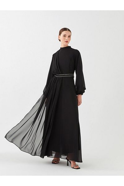 LC Waikiki Langärmliges Damen-Abendkleid mit Rundhalsausschnitt und Steinstickerei