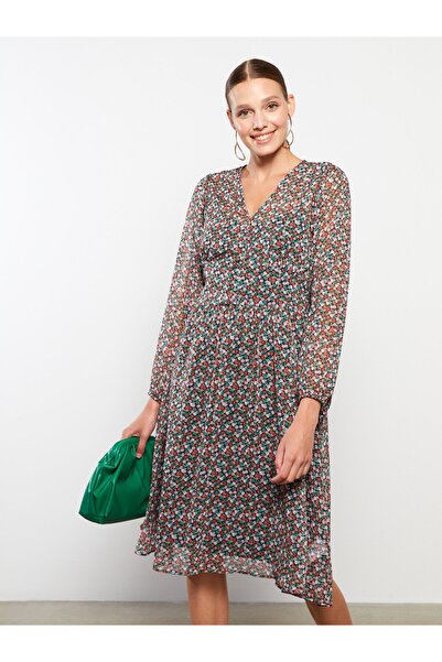 LC Waikiki V-nyakú mintás, hosszú ujjú sifon női ruha