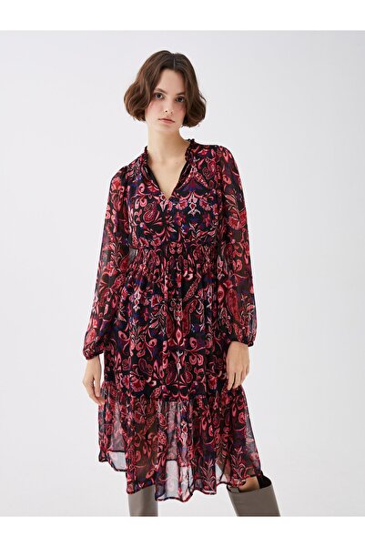 LC Waikiki V-Neck Patterned Long Sleeve Chiffon Women's Dress