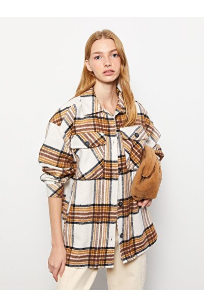 LC Waikiki Front Button Closure Plaid Long Sleeve Tweed Women's Lumberjack Shirt Jacket