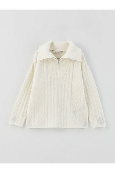 LC Waikiki Polo Collar Self Patterned Long Sleeve Girl's Knitwear Sweater