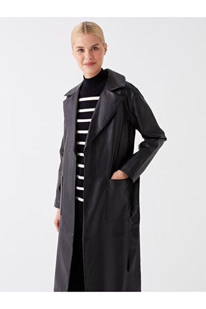 LC Waikiki Μπουφάν γιακά ίσιο μακρυμάνικο γυναικείο δερμάτινο παλτό