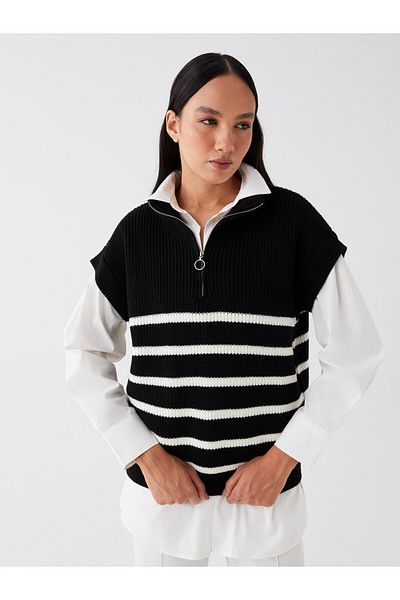 LC Waikiki LCW Vision Stehkragen gestreifter Oversize-Strickpullover für Damen