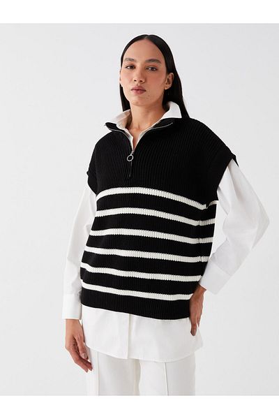 LC Waikiki LCW Vision Stehkragen gestreifter Oversize-Strickpullover für Damen