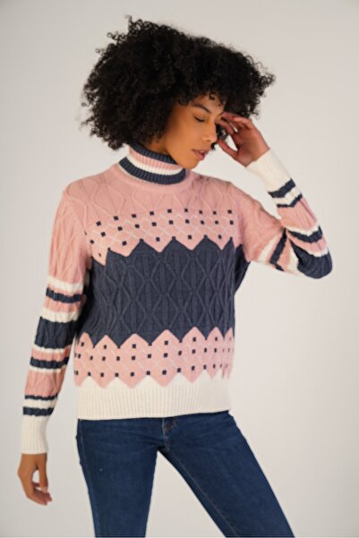 Trist Star Bone Women's Jacquard Hair Execution Patterned Turtleneck Wool Sweater